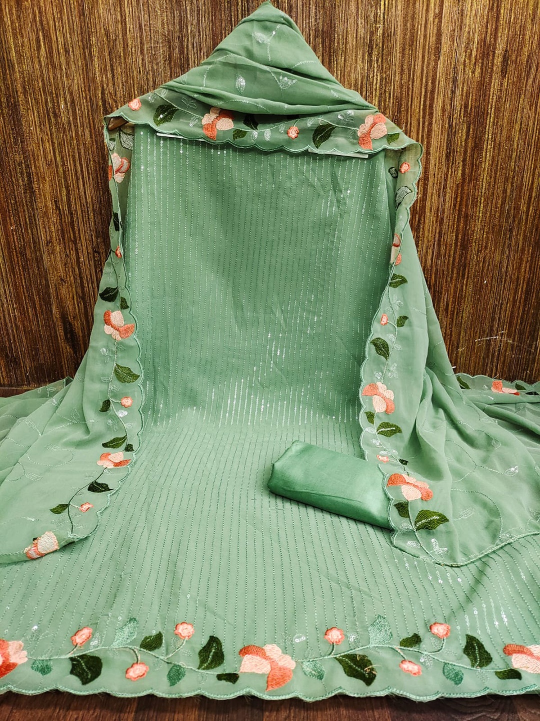 

ZEEPKART Floral Embroidered Unstitched Dress Material, Green