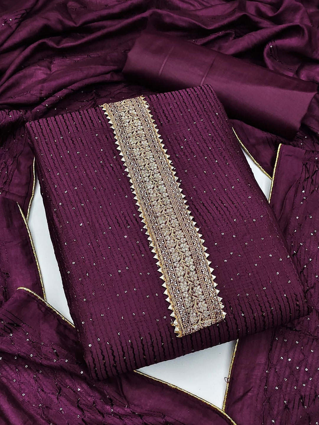 

ZEEPKART Striped Embroidered Unstitched Dress Material, Purple