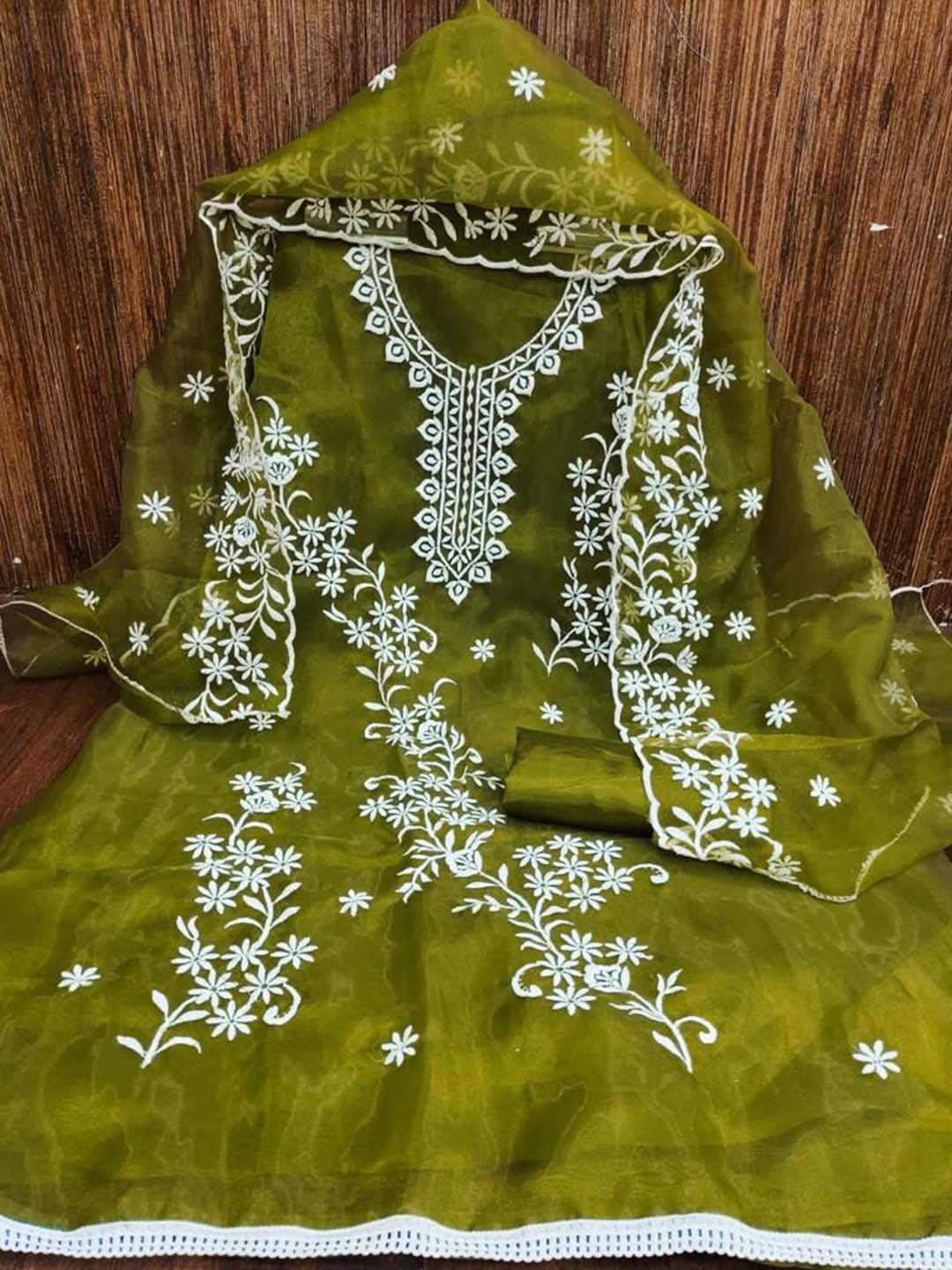 

ZEEPKART Floral Embroidered Organza Unstitched Dress Material, Green