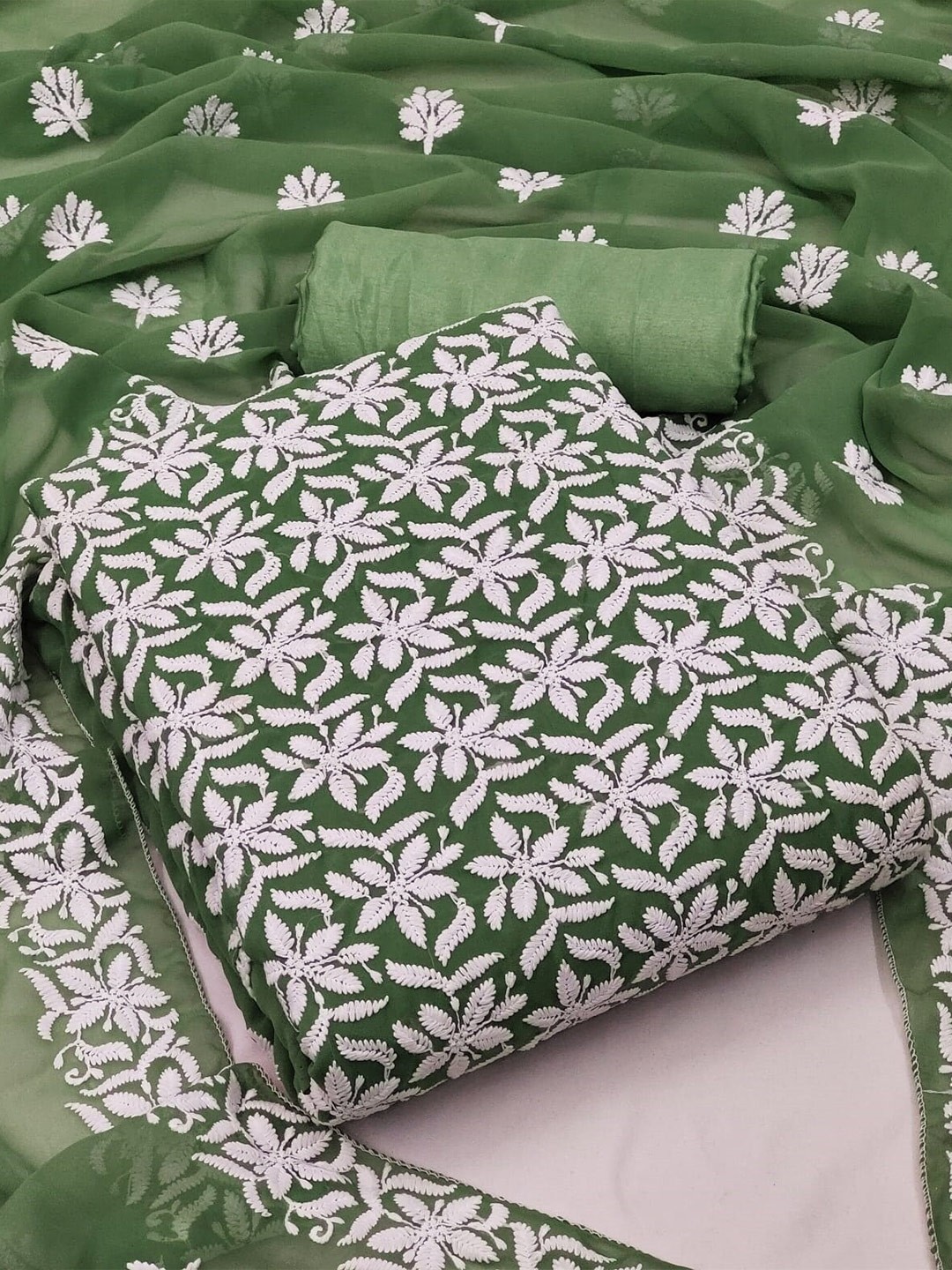 

ZEEPKART Floral Embroidered Unstitched Dress Material, Green