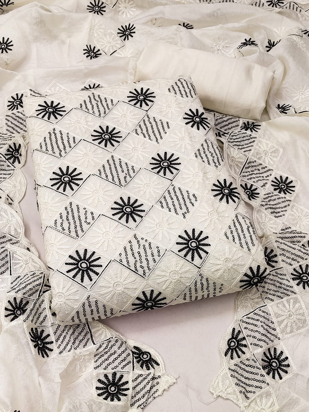 

ZEEPKART Geometric Embroidered Unstitched Dress Material, White