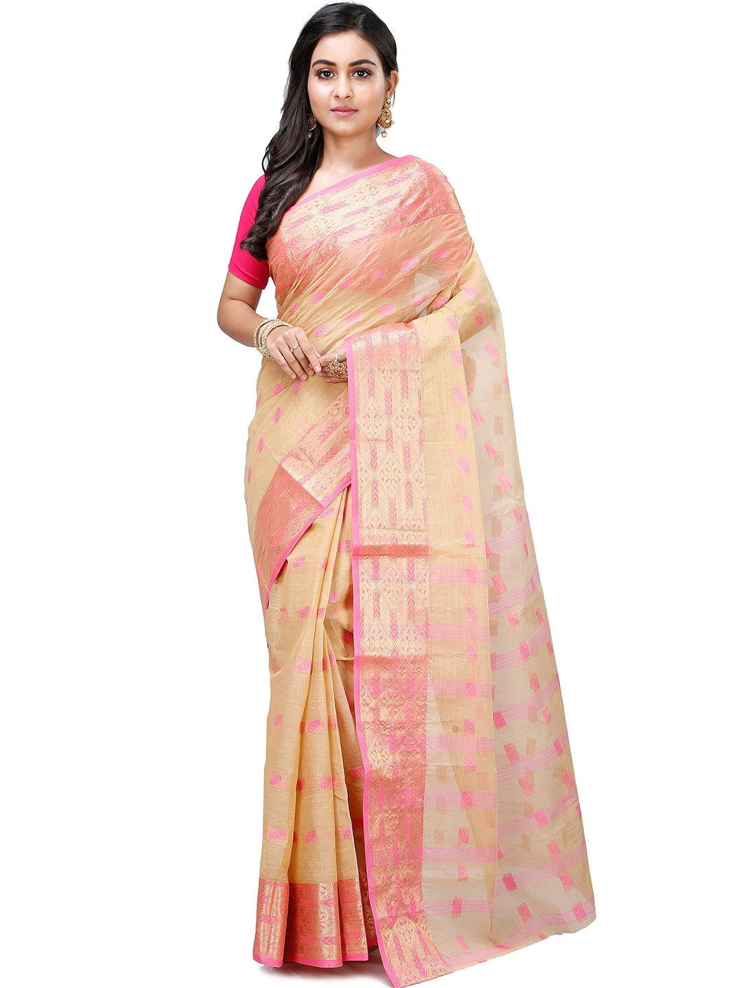 

PuJoy Woven Design Zari Pure Cotton Taant Saree, Pink