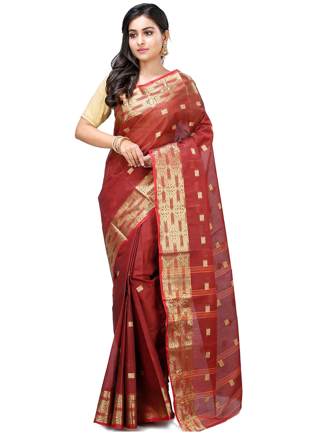 

PuJoy Woven Design Zari Pure Cotton Taant Saree, Brown