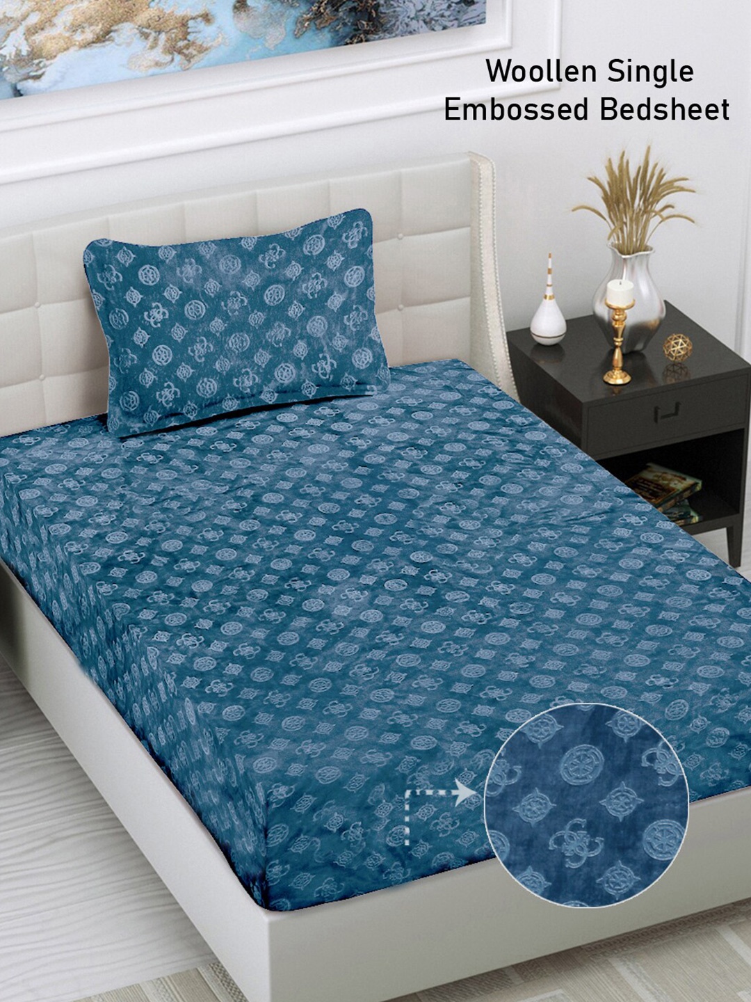 

FABINALIV Blue Geometric 300 TC Woollen Embossed Single Bedsheet with Pillow Cover