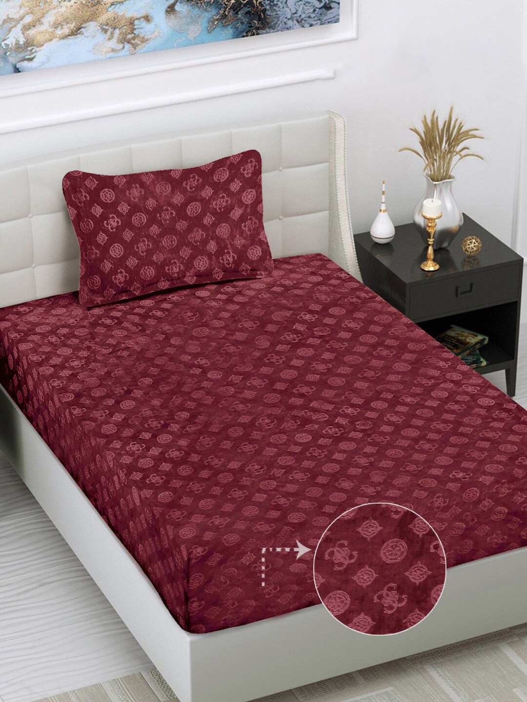 

FABINALIV Maroon Geometric 300 TC Woollen Embossed Single Bedsheet with Pillow Cover