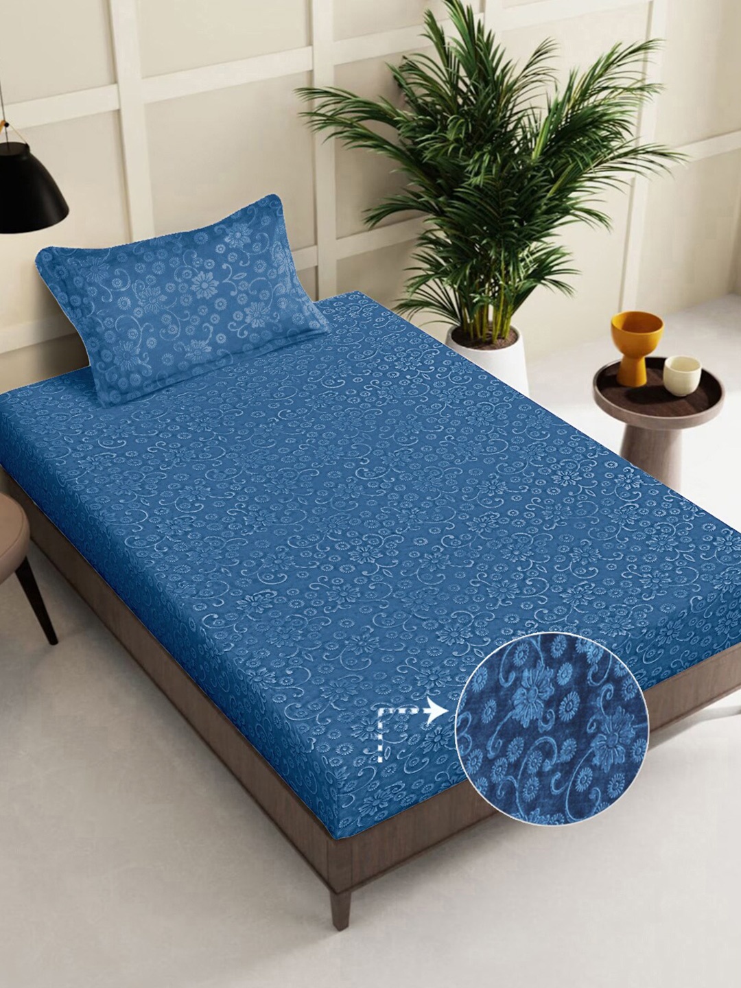 

FABINALIV Blue Floral 300 TC Woollen Embossed Single Bedsheet with Pillow Cover