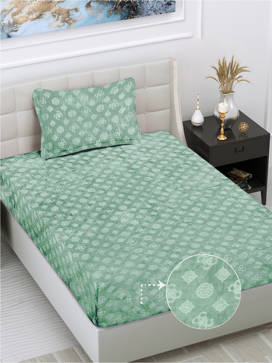 

FABINALIV Green Geometric 300 TC Woollen Embossed Single Bedsheet with Pillow Cover