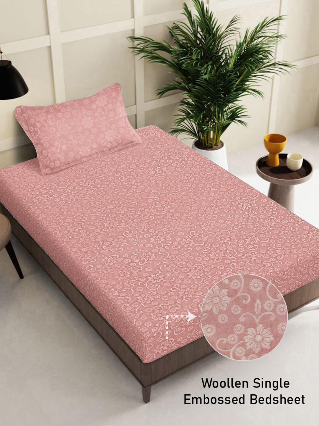 

FABINALIV Peach Floral 300 TC Woollen Embossed Single Bedsheet with Pillow Cover