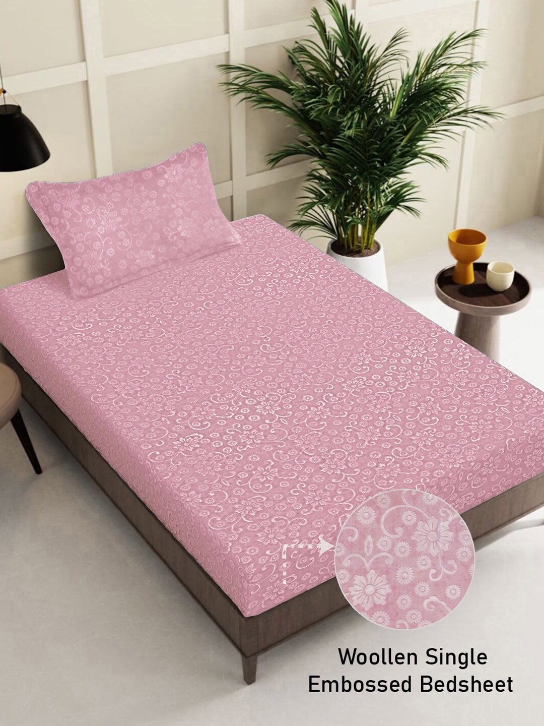 

FABINALIV Pink Floral 300 TC Woollen Embossed Single Bedsheet with Pillow Cover