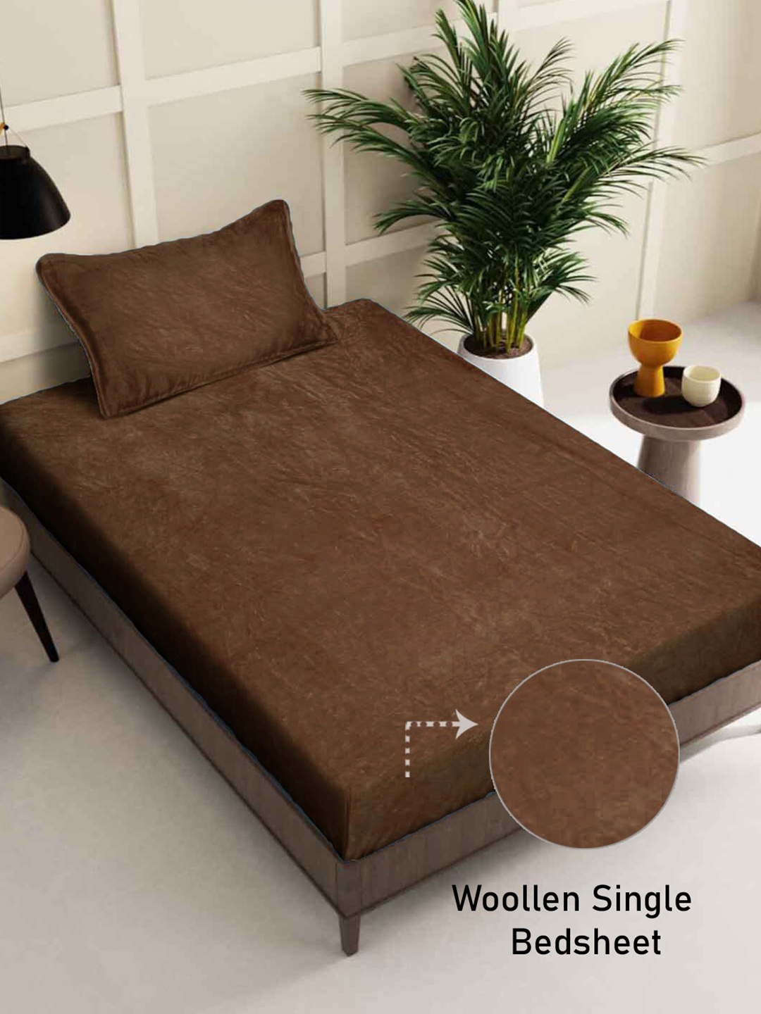 

FABINALIV Coffee Brown Solid 300 TC Woollen Embossed Single Bedsheet with Pillow Cover