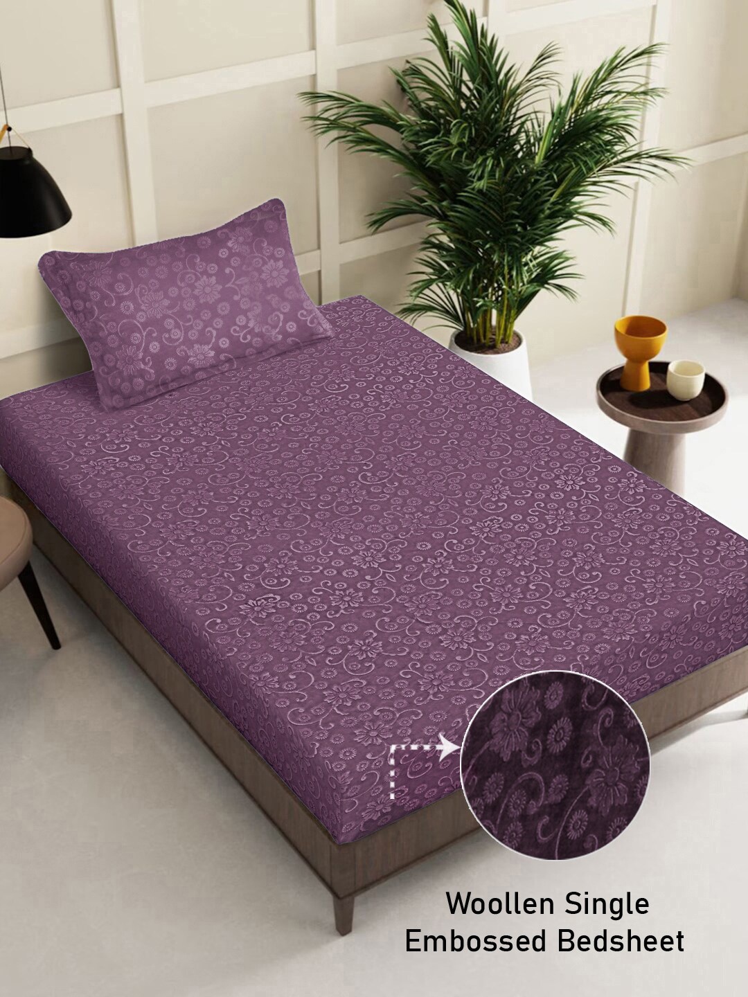 

FABINALIV Purple Floral 300 TC Woollen Embossed Single Bedsheet with Pillow Cover