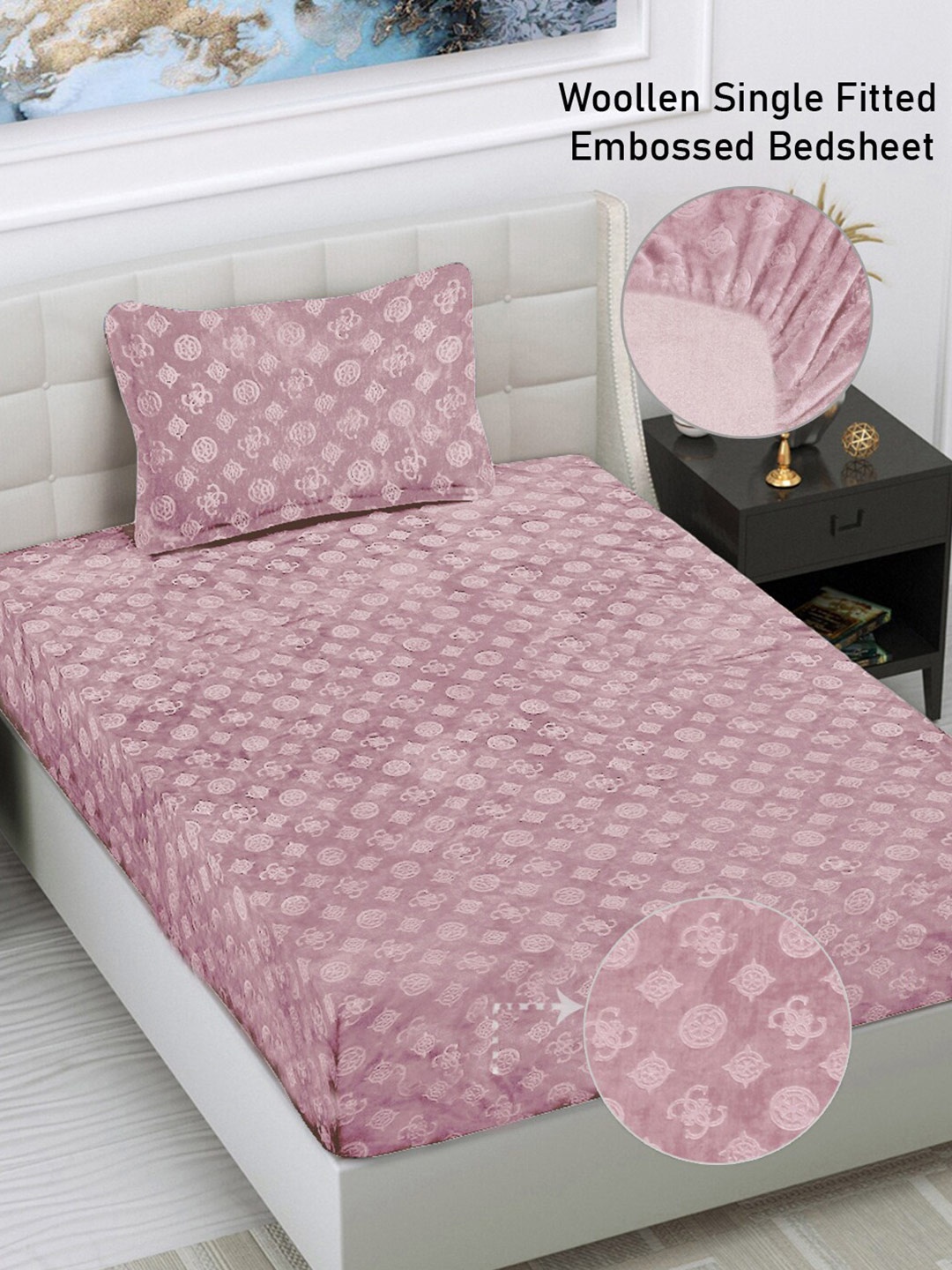 

FABINALIV Pink Geometric 300 TC Fitted Single Bedsheet with 1 Pillow Cover