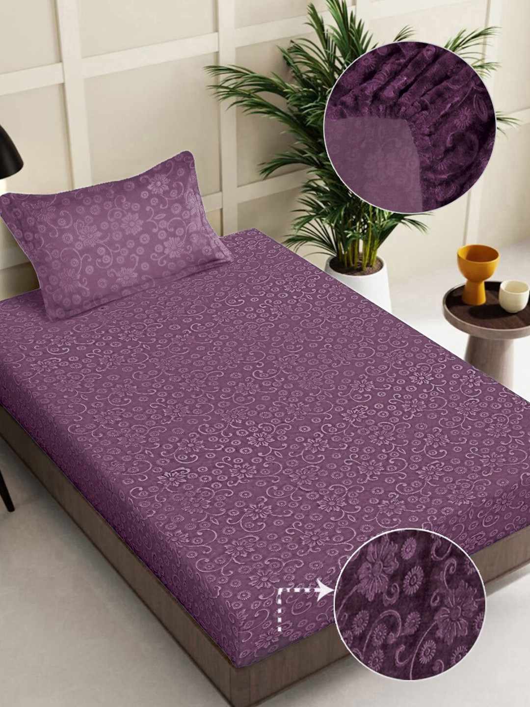 

FABINALIV Purple Floral 300 TC Fitted Single Bedsheet with 1 Pillow Cover
