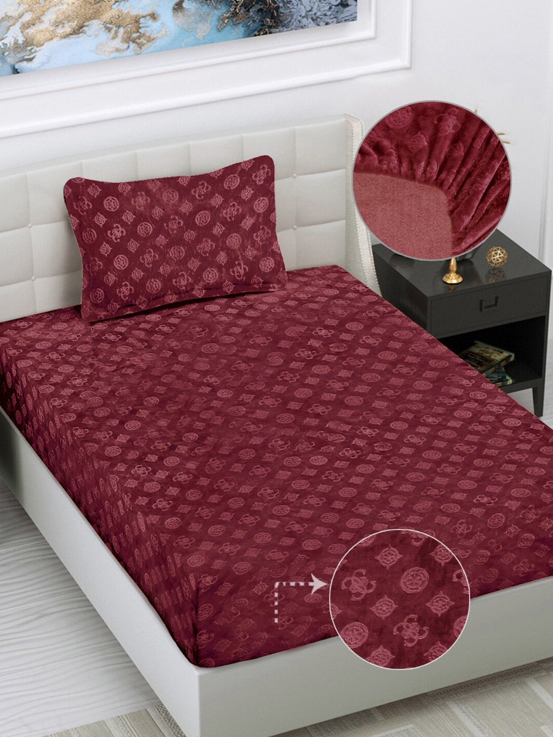 

FABINALIV Maroon Geometric 300 TC Fitted Single Bedsheet with 1 Pillow Cover