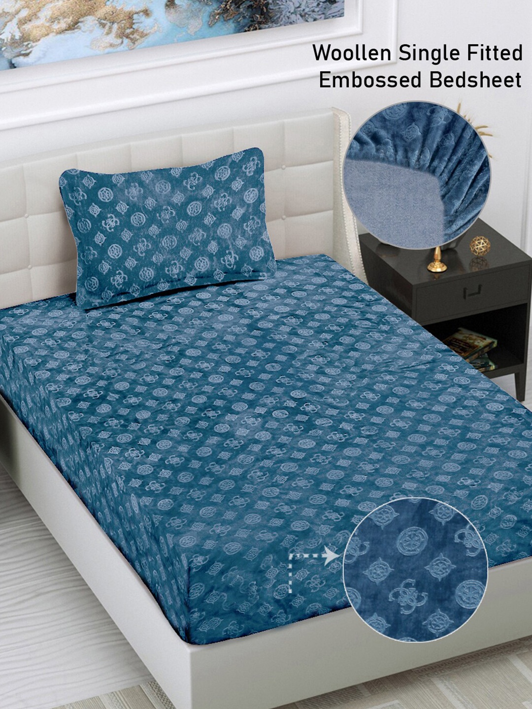 

FABINALIV Blue Geometric 300 TC Fitted Single Bedsheet with 1 Pillow Cover