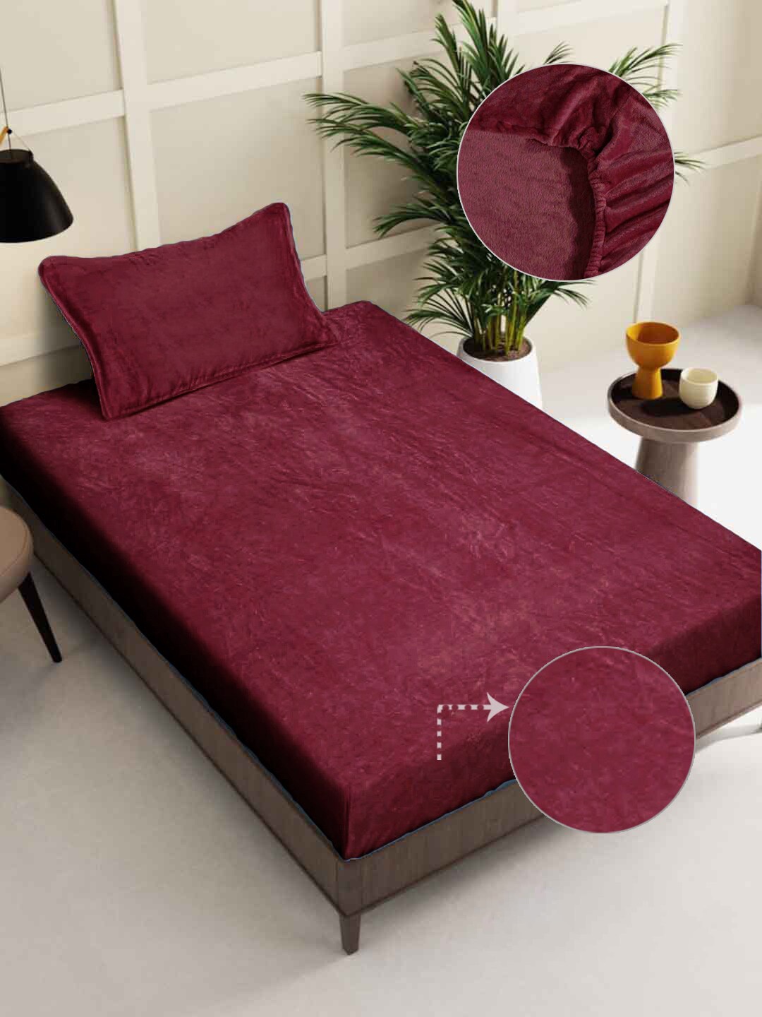 

FABINALIV Maroon 300 TC Woollen Embossed Single Bedsheet with 1 Pillow Cover