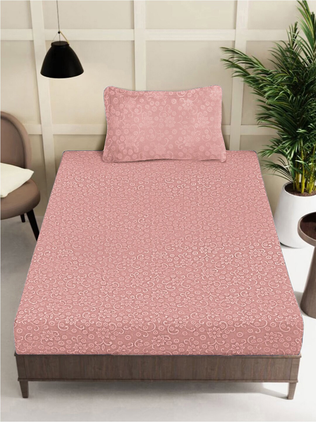 

FABINALIV Peach-Coloured Floral 300 TC Fitted Single Bedsheet with 1 Pillow Cover