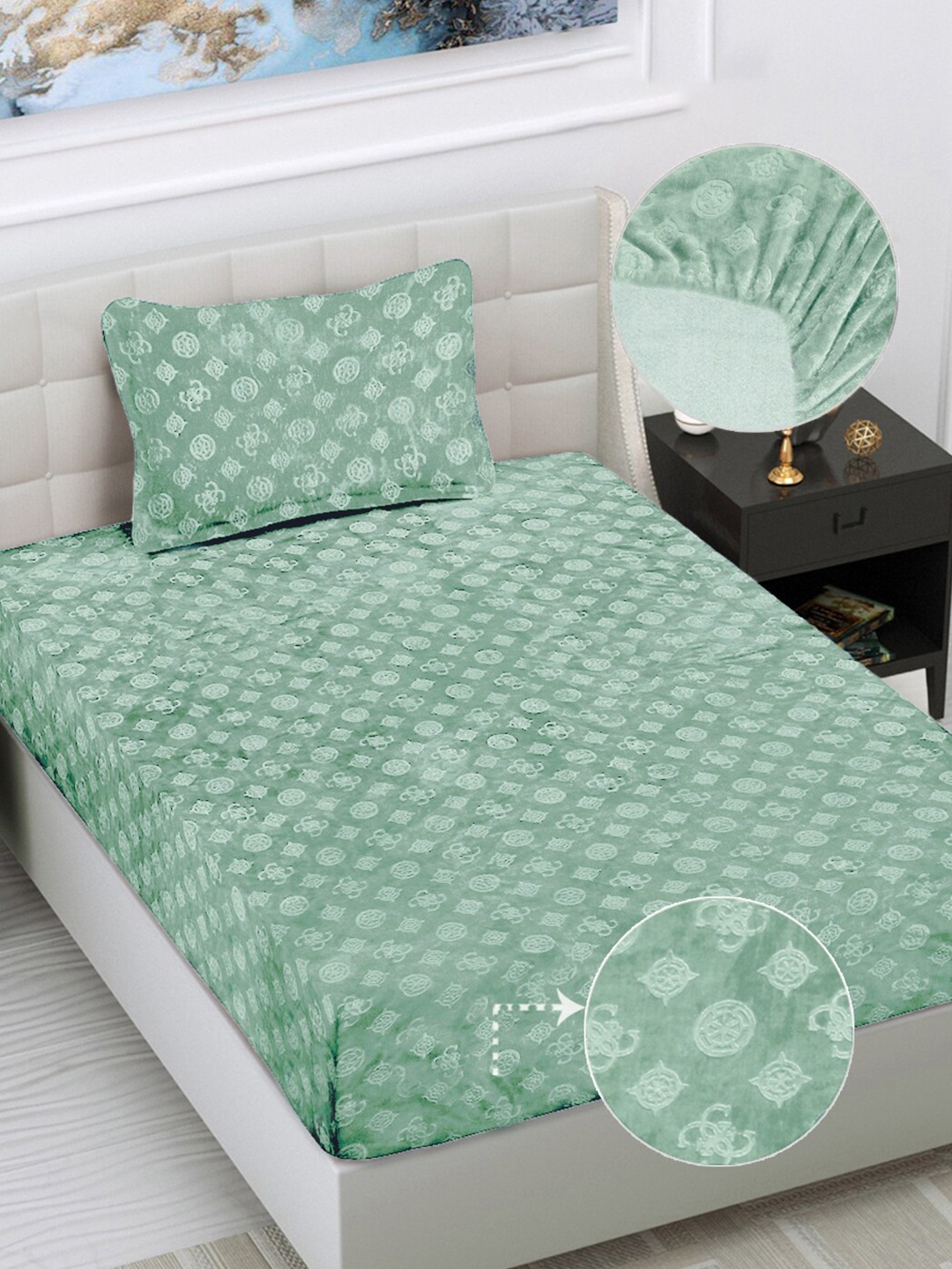 

FABINALIV Green Geometric 300 TC Fitted Single Bedsheet with 1 Pillow Cover