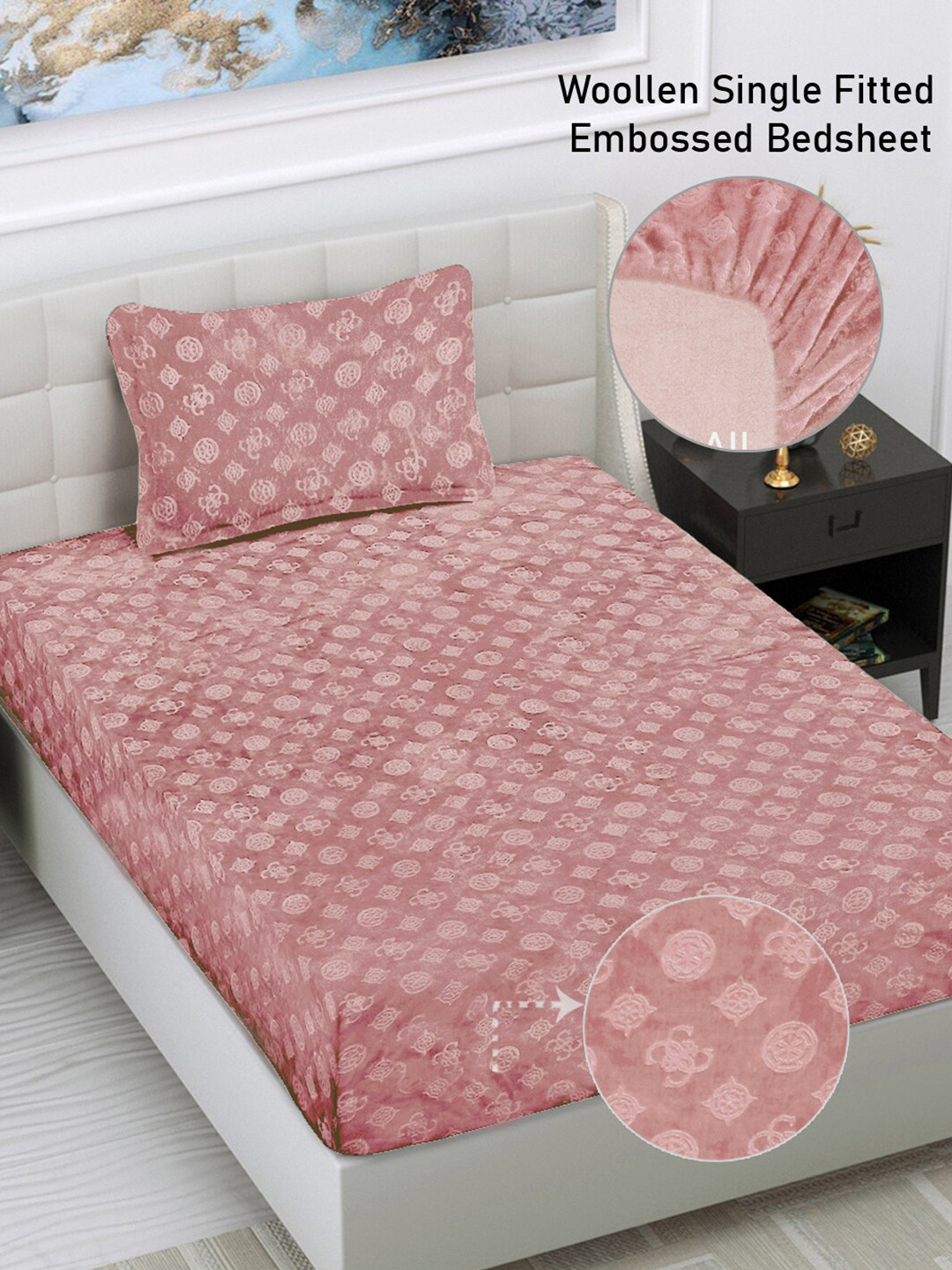 

FABINALIV Peach Geometric 300 TC Fitted Single Bedsheet with 1 Pillow Cover