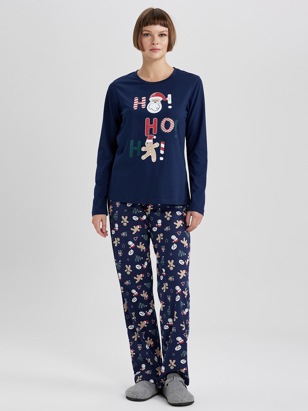 

DeFacto Christmas Printed Pure Cotton Night suit, Navy blue