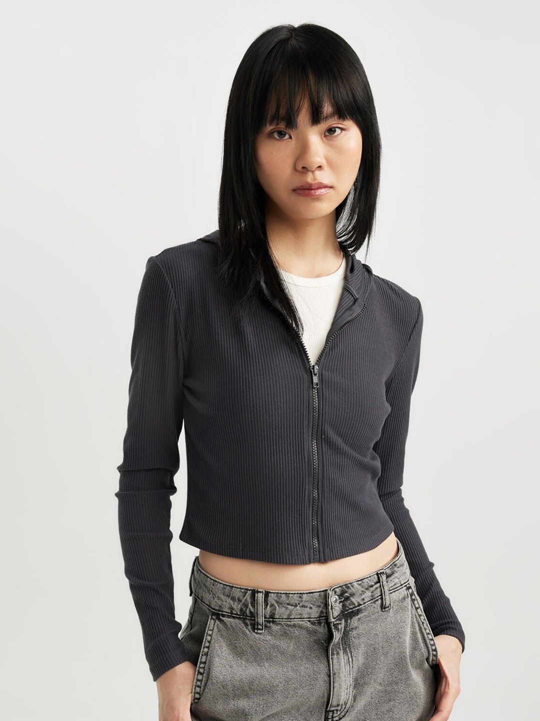 

DeFacto Striped Hooded Cropped Cardigan, Grey