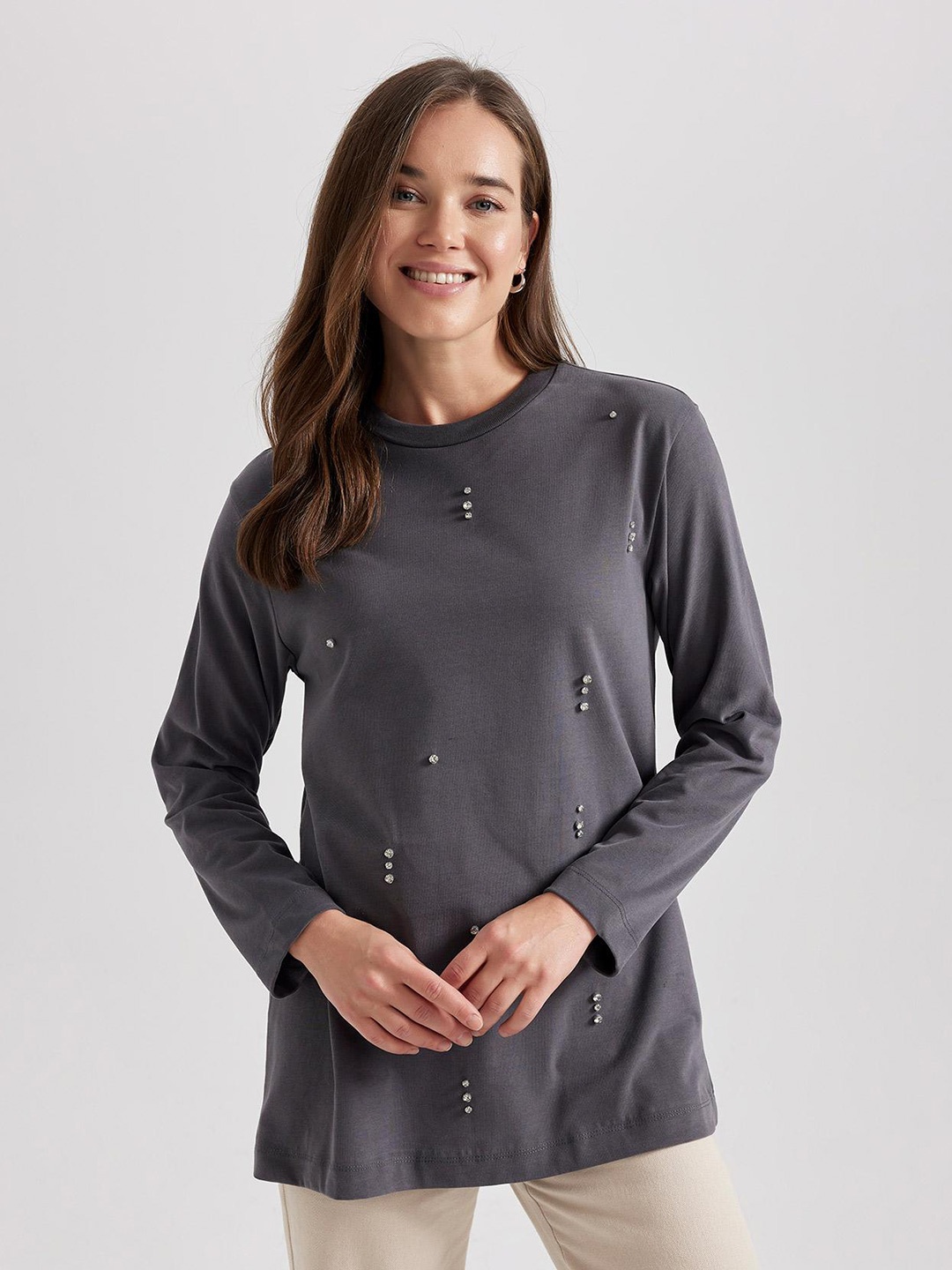 

DeFacto Round Neck Long Sleeves Embellished Detailed Pure Cotton Tunic, Grey