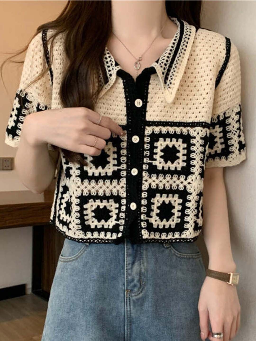 

DressBerry Black Geometric Printed Shirt Style Top