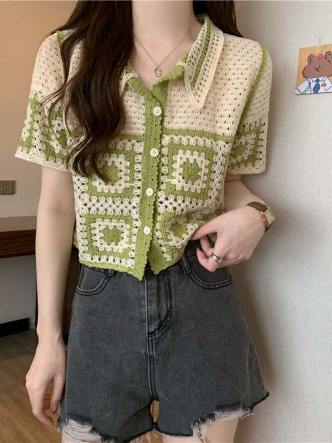 

DressBerry Green Floral Printed Extended Sleeves Shirt Style Top