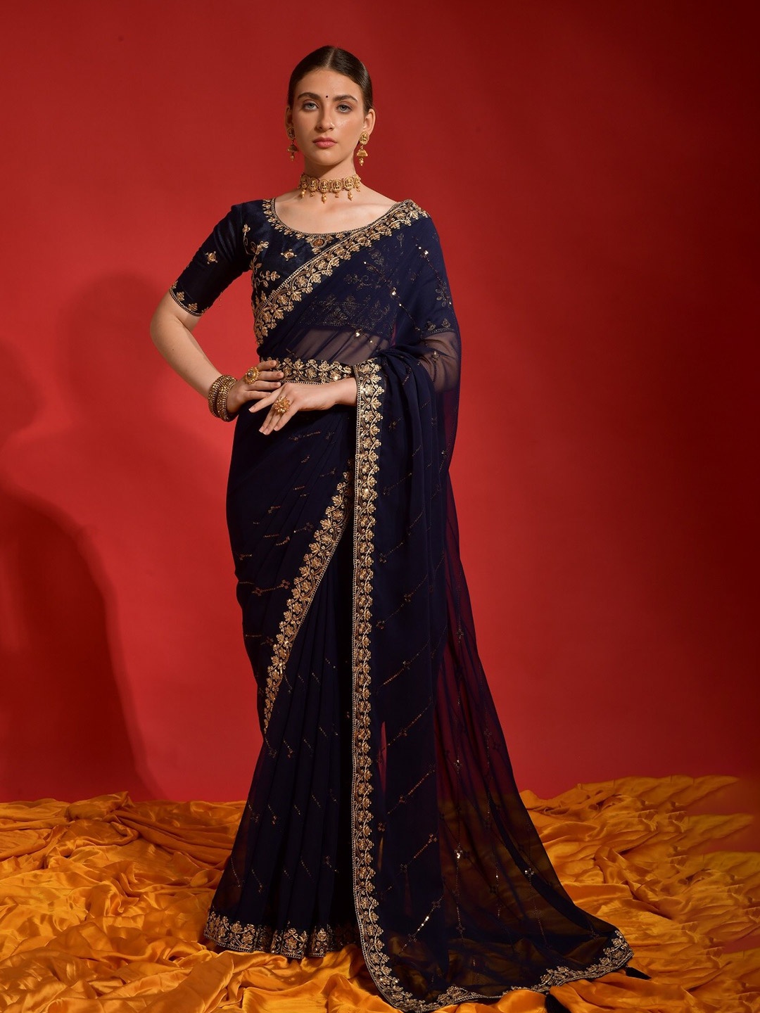 

Mitera Embellished Embroidered Pure Georgette Saree, Blue