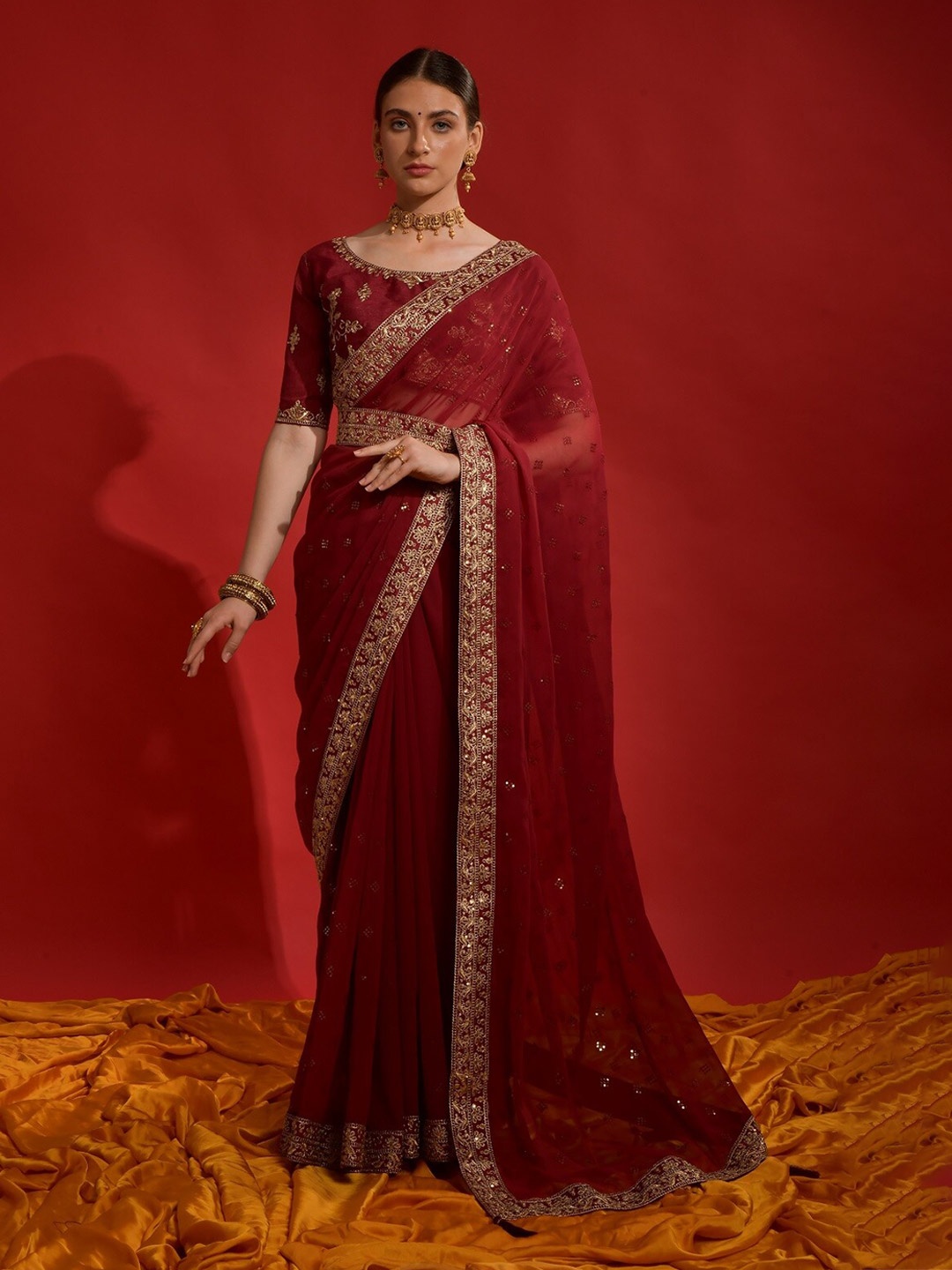 

Mitera Embellished Zari Pure Georgette Belted Saree, Maroon