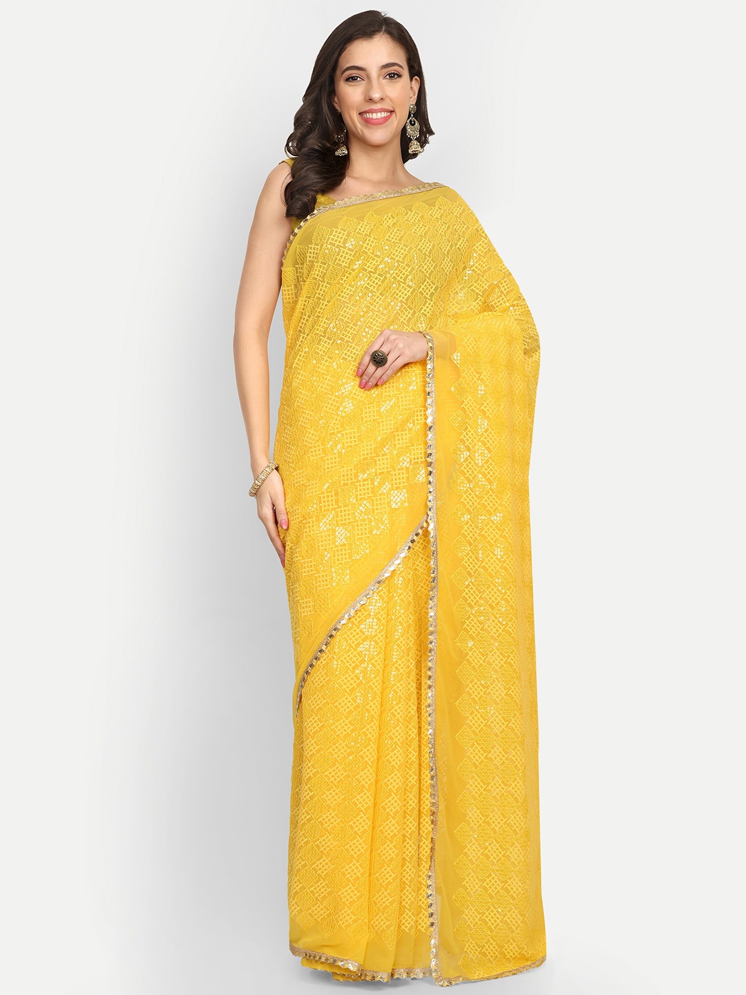

LTS Label Tripti Saxena Geometric Woven Design Embroidered Georgette Heavy Work Saree, Yellow