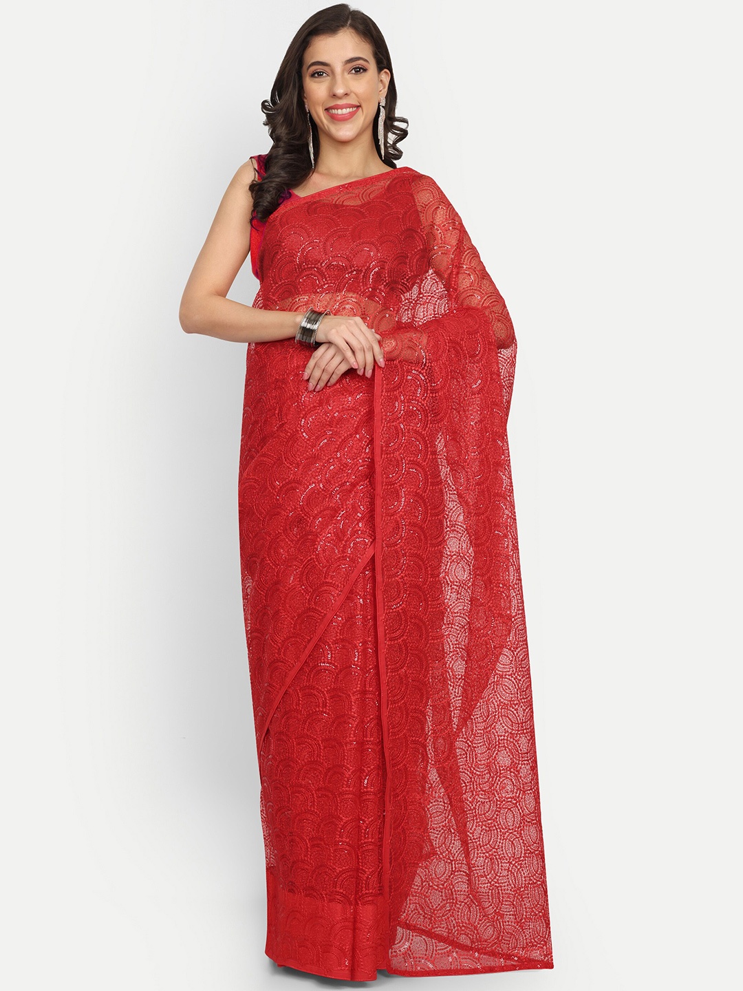 

LTS Label Tripti Saxena Sequin Embellished Net Heavy Work Saree, Red