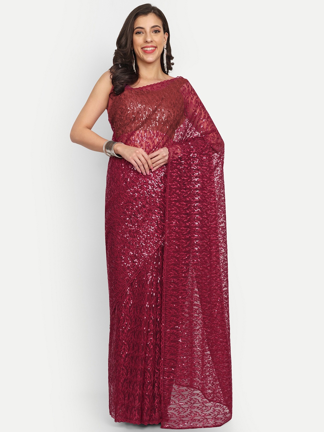 

LTS Label Tripti Saxena Embellished Sequinned Net Saree, Red