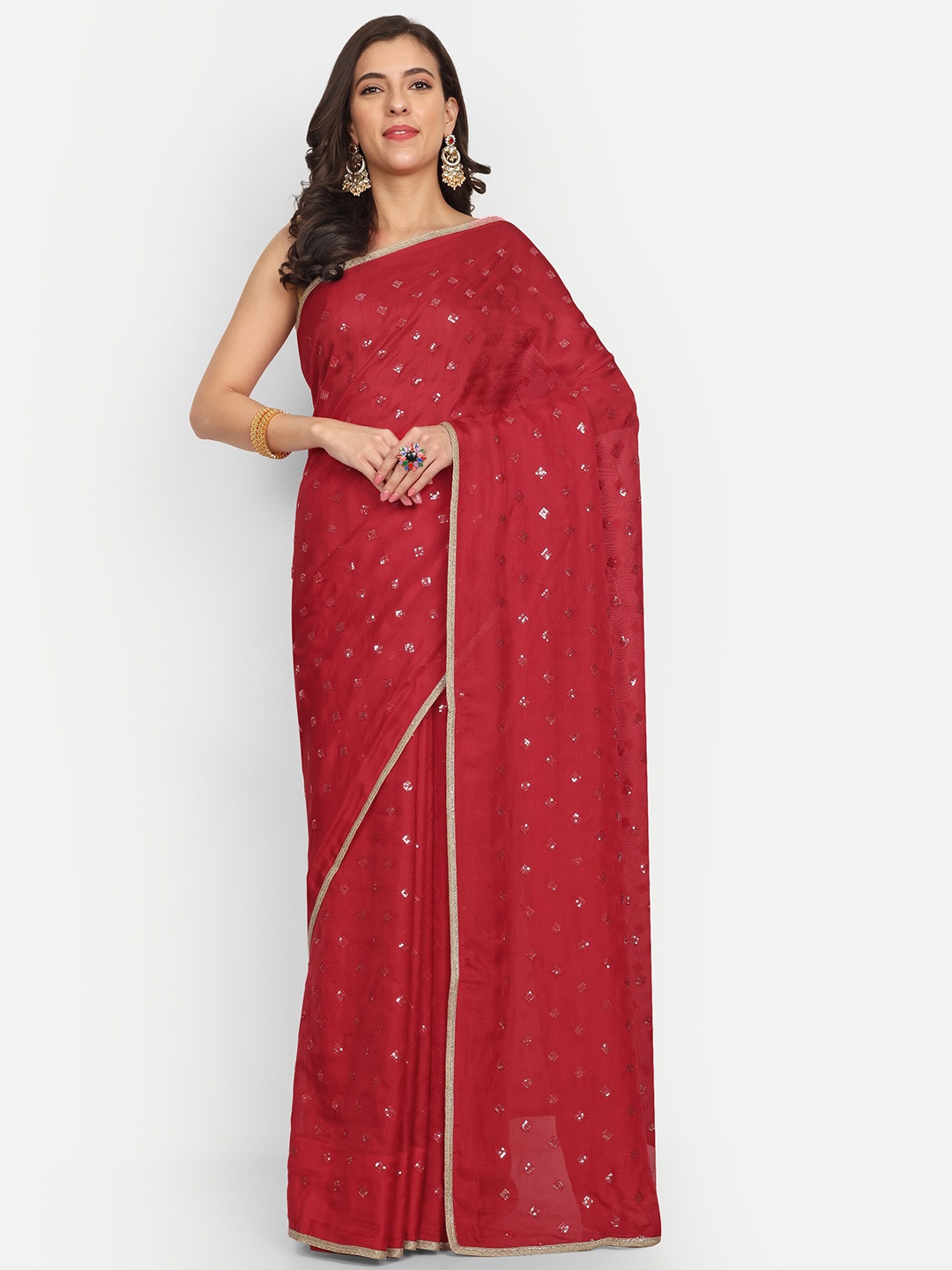 

LTS Label Tripti Saxena Embellished Embroidered Pure Georgette Saree, Red