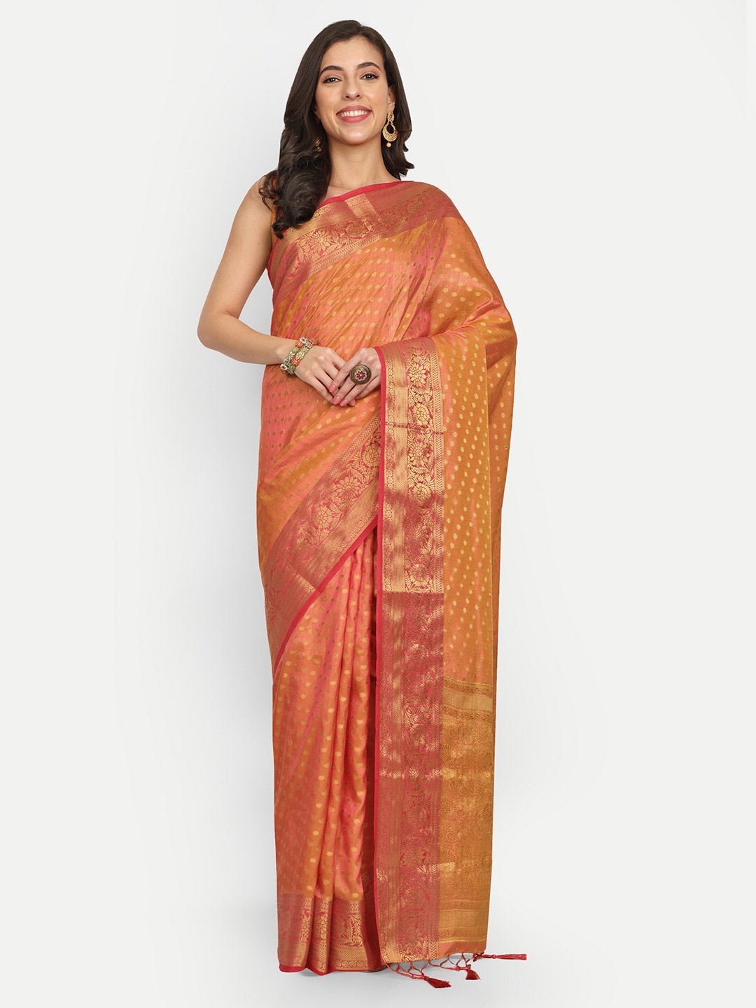 

LTS Label Tripti Saxena Floral Woven Design Zari Pure Silk Saree, Orange