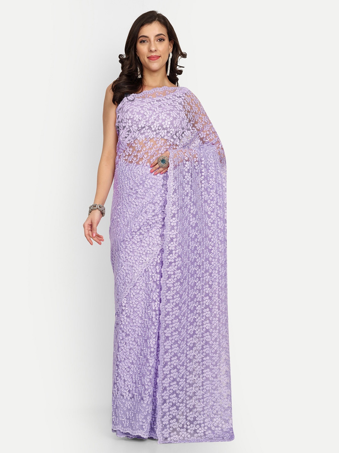 

LTS Label Tripti Saxena Floral Embroidered Net Saree, Lavender