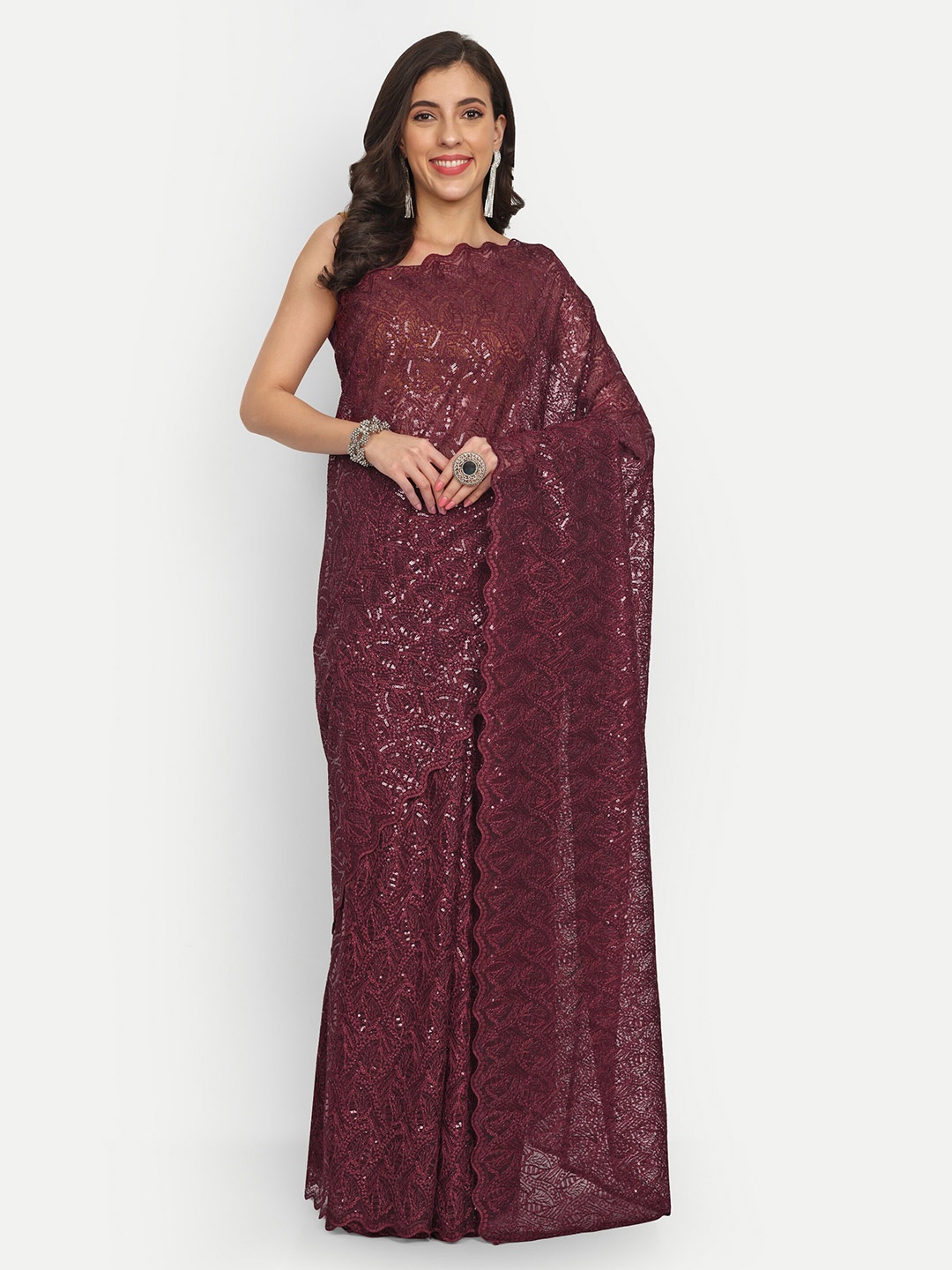 

LTS Label Tripti Saxena Embellished Embroidered Net Saree, Maroon