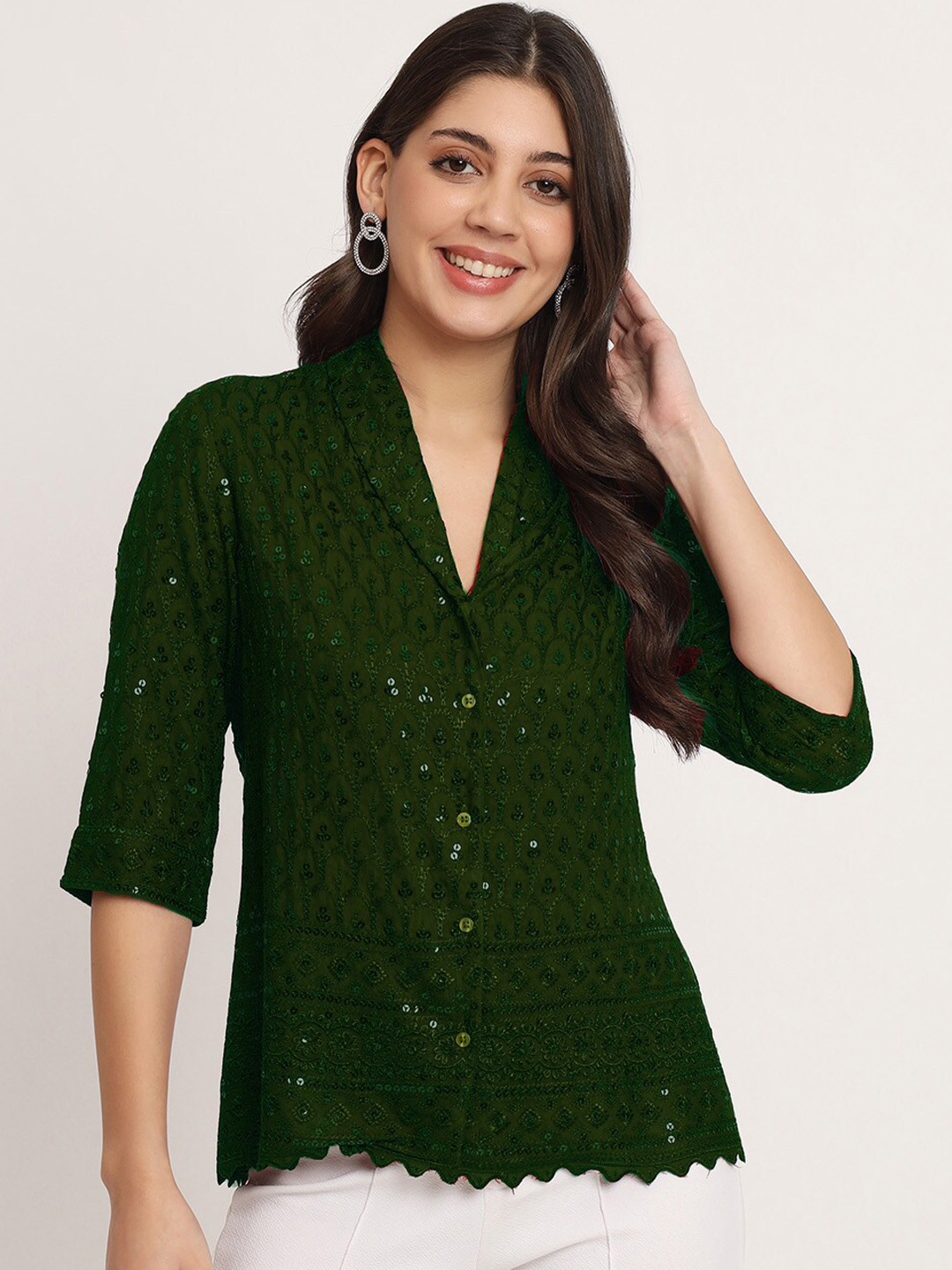 

angloindu Notched Collar Embroidered Sequined Casual Pure Cotton Top, Green