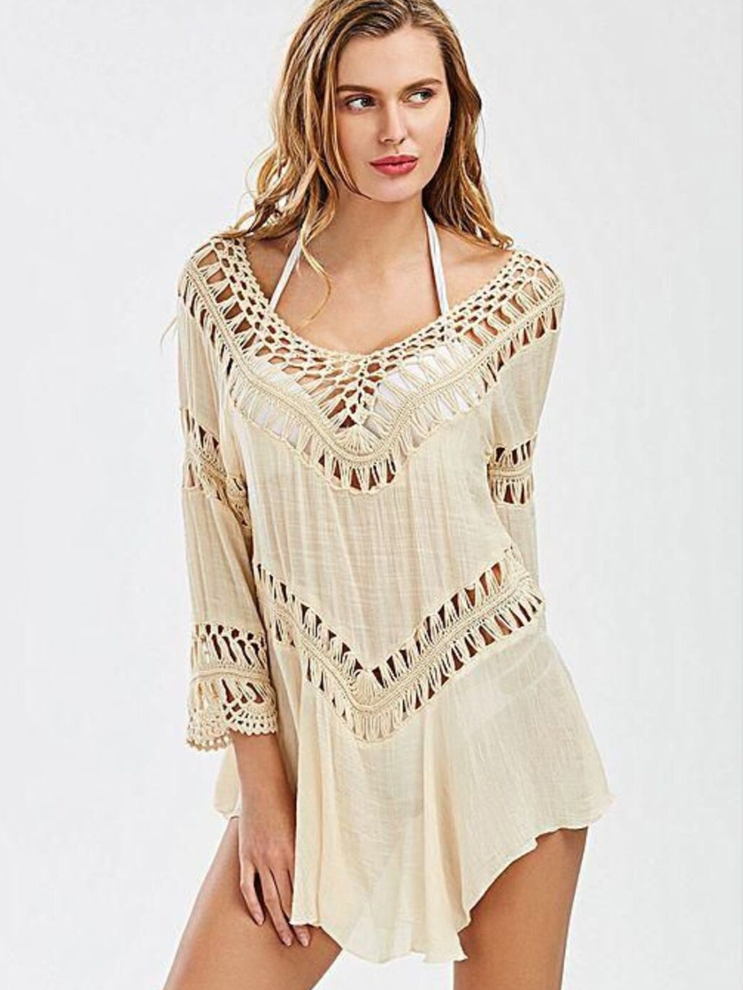 

DressBerry Beige Self Design A-Line Mini Dress