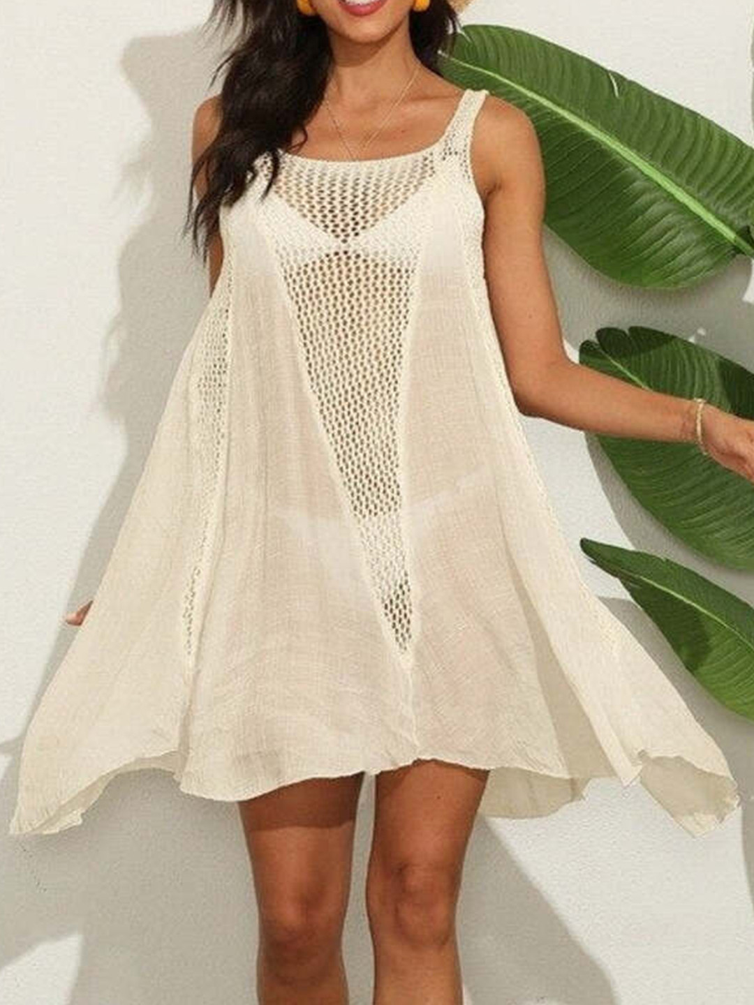 

DressBerry Off-White Sleeveless Self Design A-Line Dress