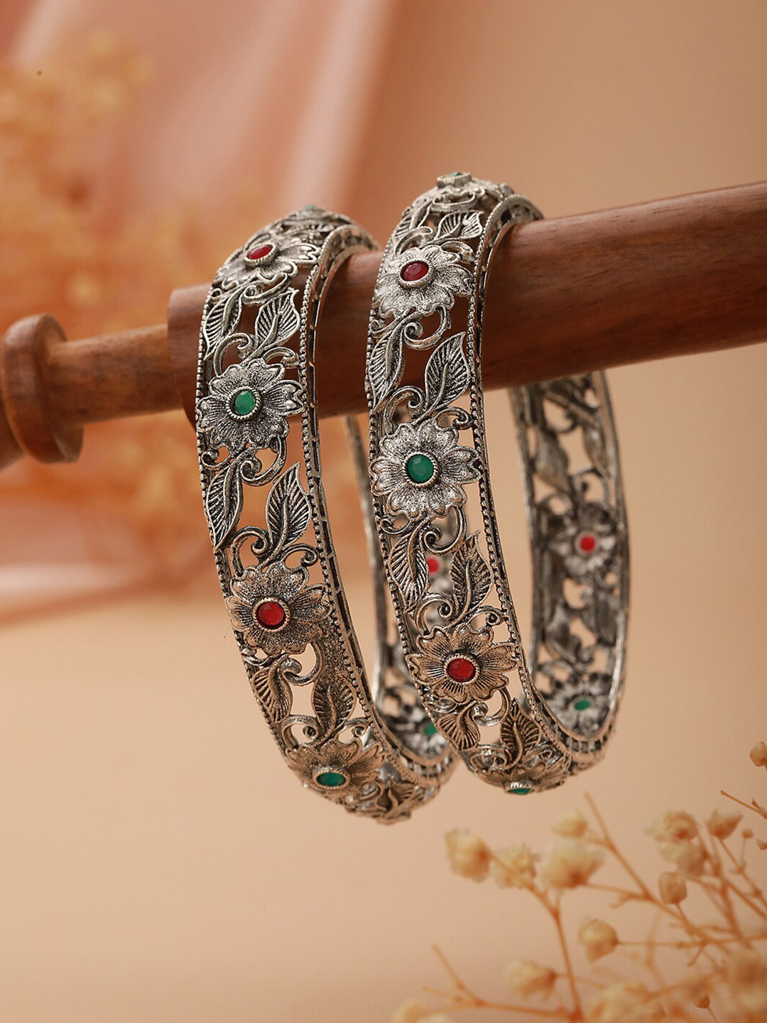 

Jazz and Sizzle Set Of 2 Stone Studded Oxidized Bangles, Silver
