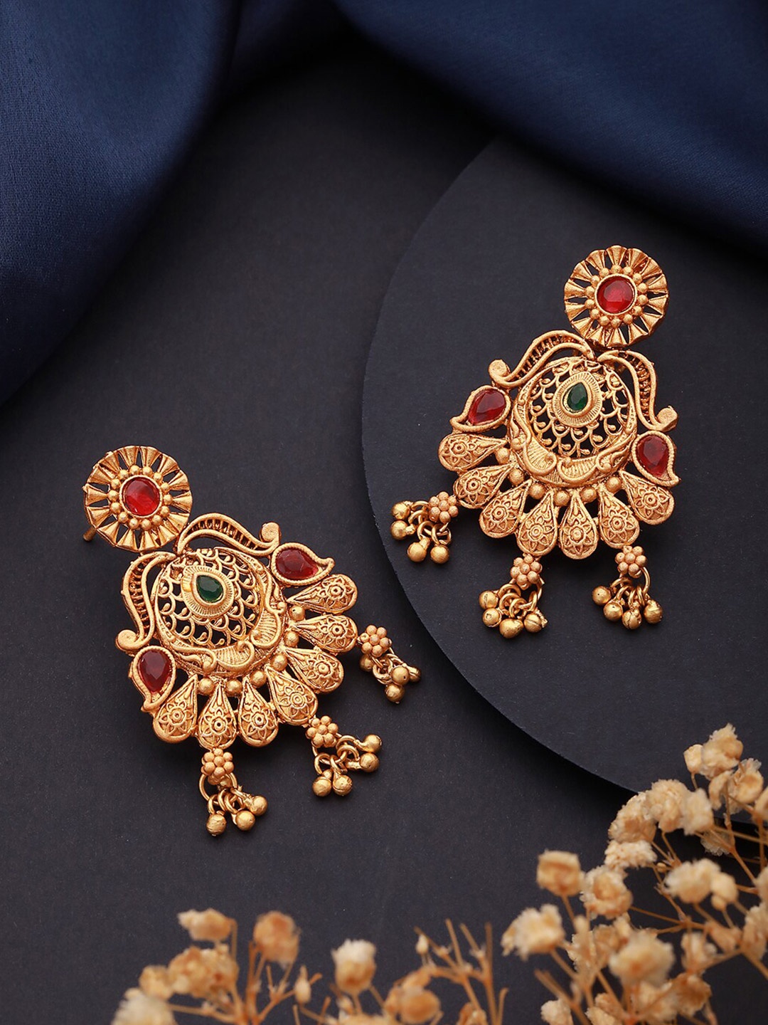 

Jazz and Sizzle Gold-Plated Stone-Studded & Beaded Contemporary Drop Earrings