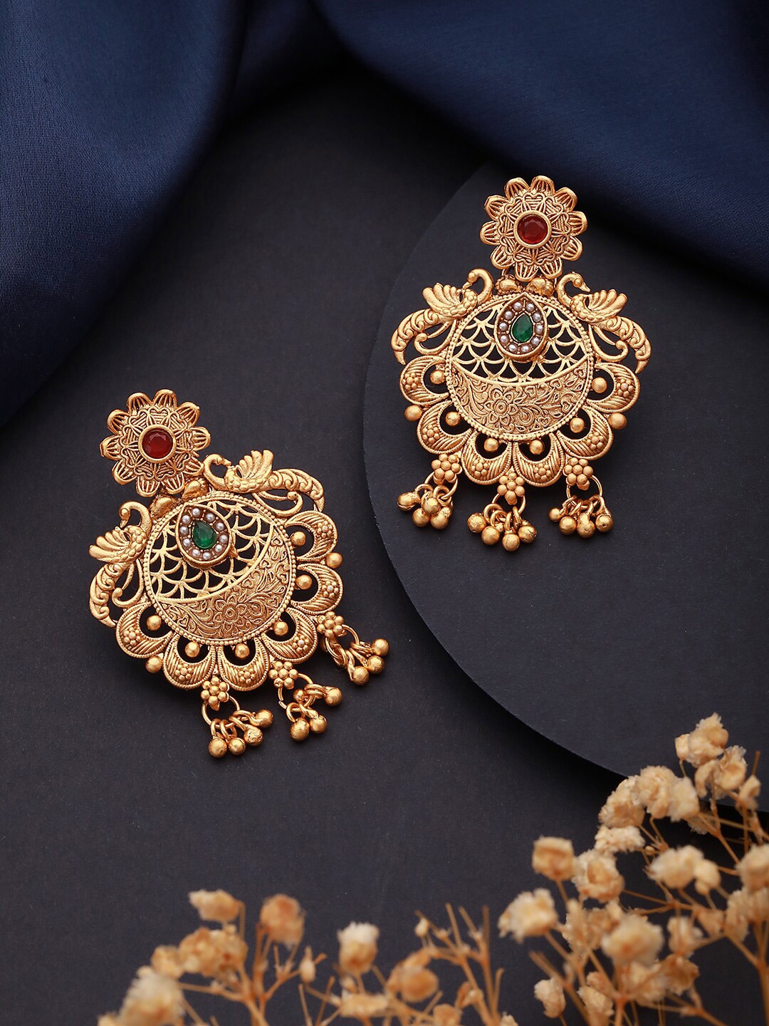 

Jazz and Sizzle Gold-Plated Stone-Studded & Beaded Contemporary Drop Earrings