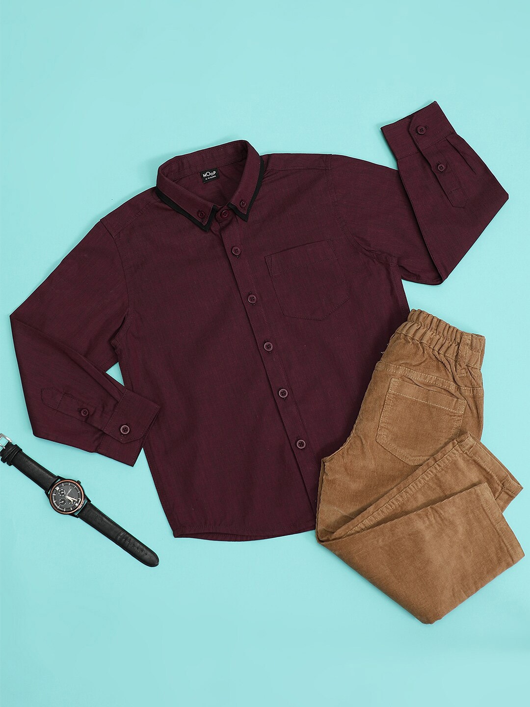 

Hoop Boys Spread Collar Long Sleeves Cotton Casual Shirt, Maroon