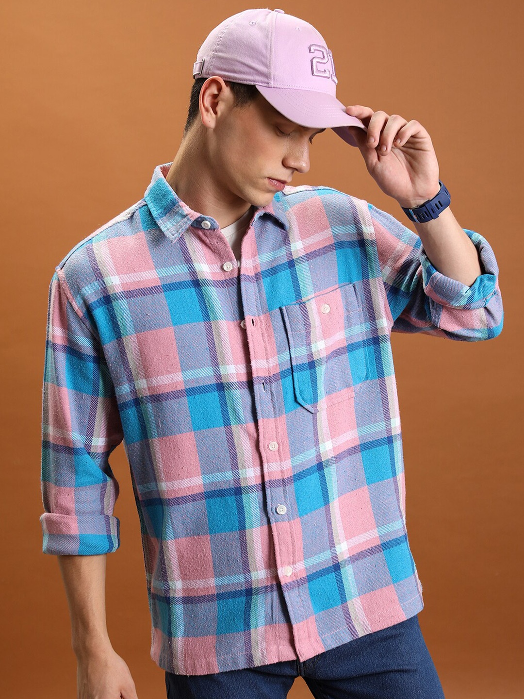 

HIGHLANDER Checked Spread Collar Oversized Flannel shirt, Blue