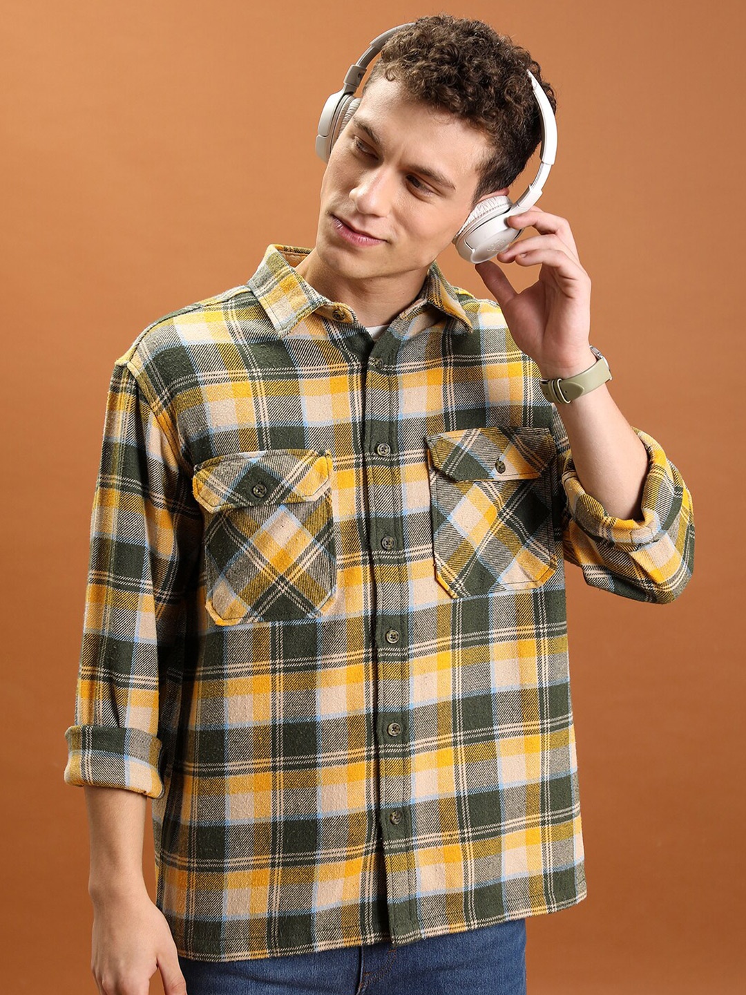 

HIGHLANDEROversized Double Pocket Flannel Checked Over shirt, Green