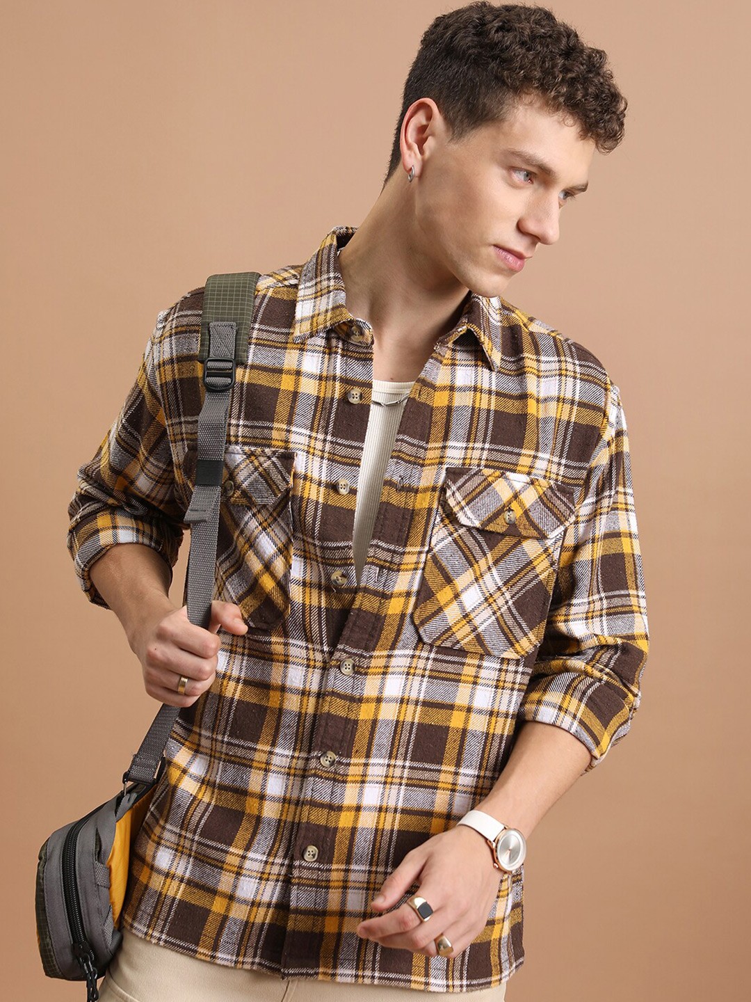 

HIGHLANDER Oversized Double Flap Pocket Flannel Checked Over shirt, Brown