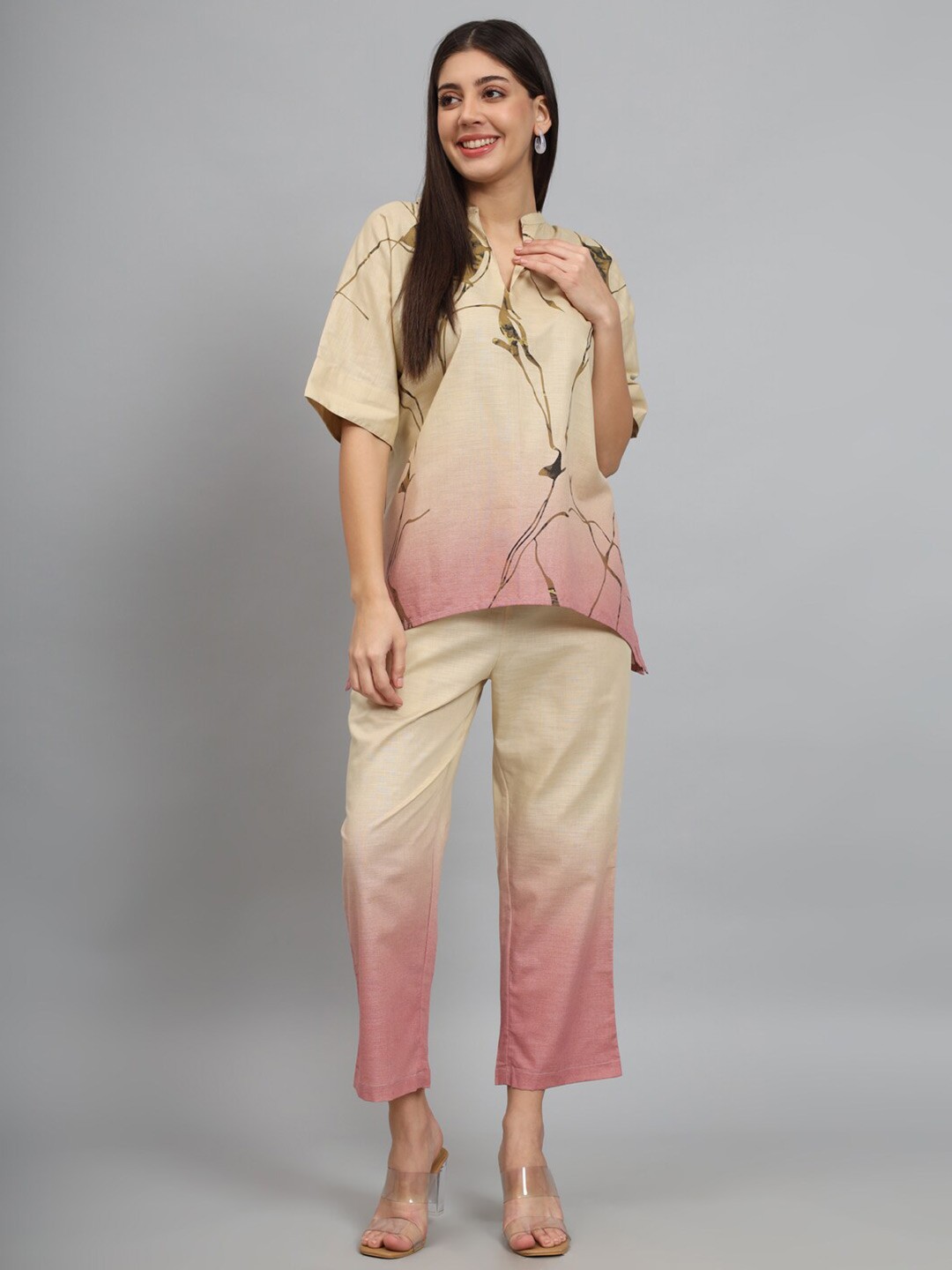 

NEWD Printed Mandarin Collar Top With Trousers, Beige