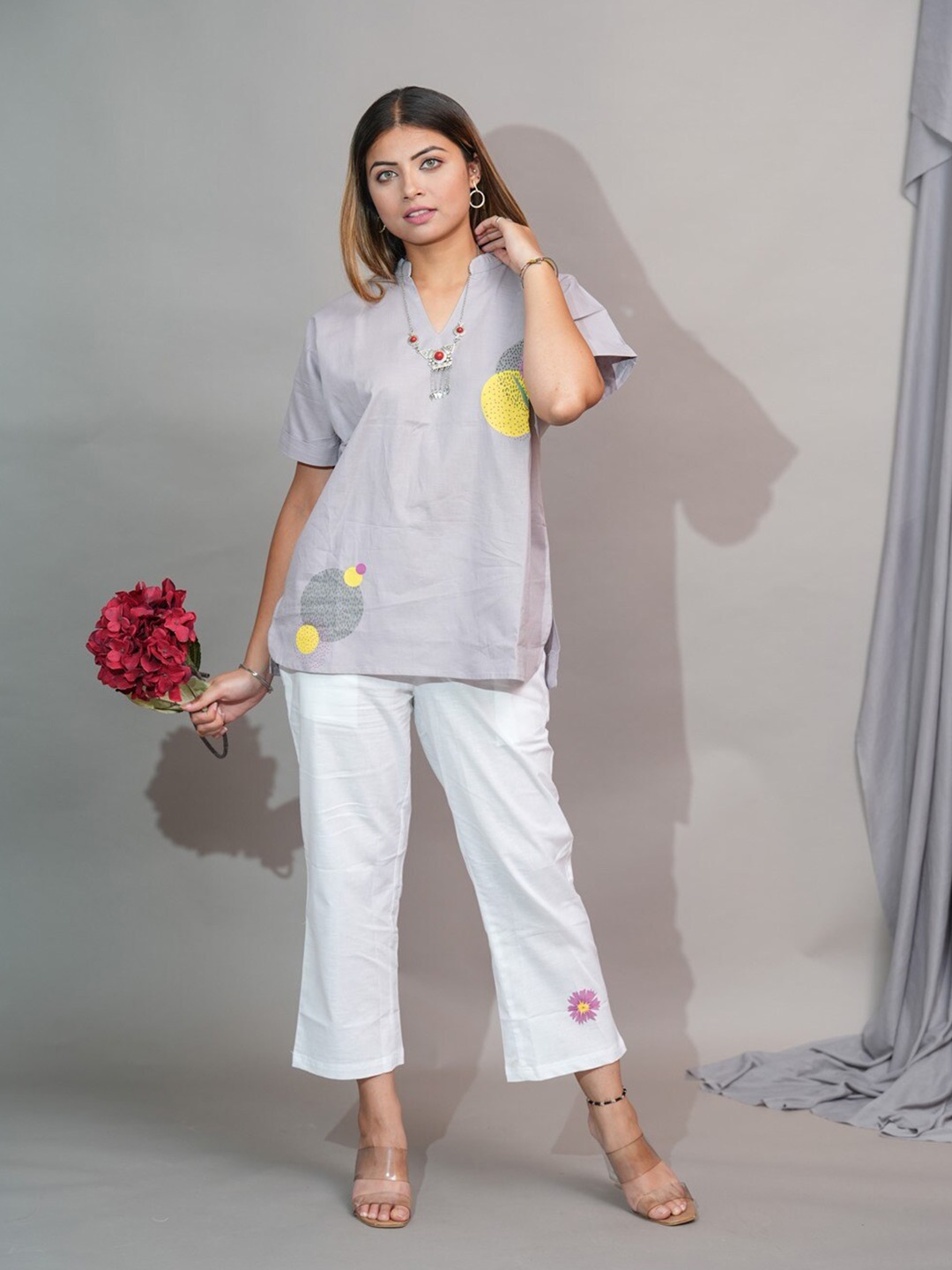 

NEWD Printed Mandarin Collar Top With Trousers Co-Ords, Grey