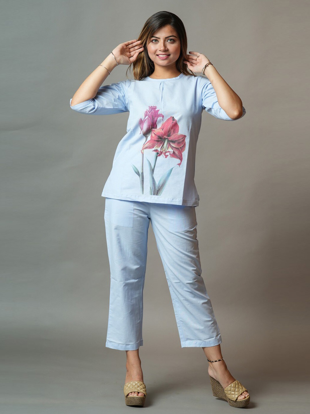 

NEWD Floral Printed Top & Trouser, Blue